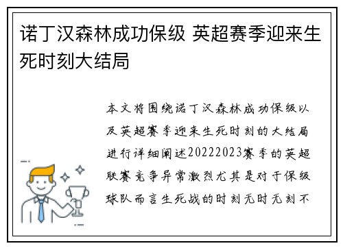 诺丁汉森林成功保级 英超赛季迎来生死时刻大结局 诺丁汉森林成功保级 英超赛季迎来生死时刻大结局